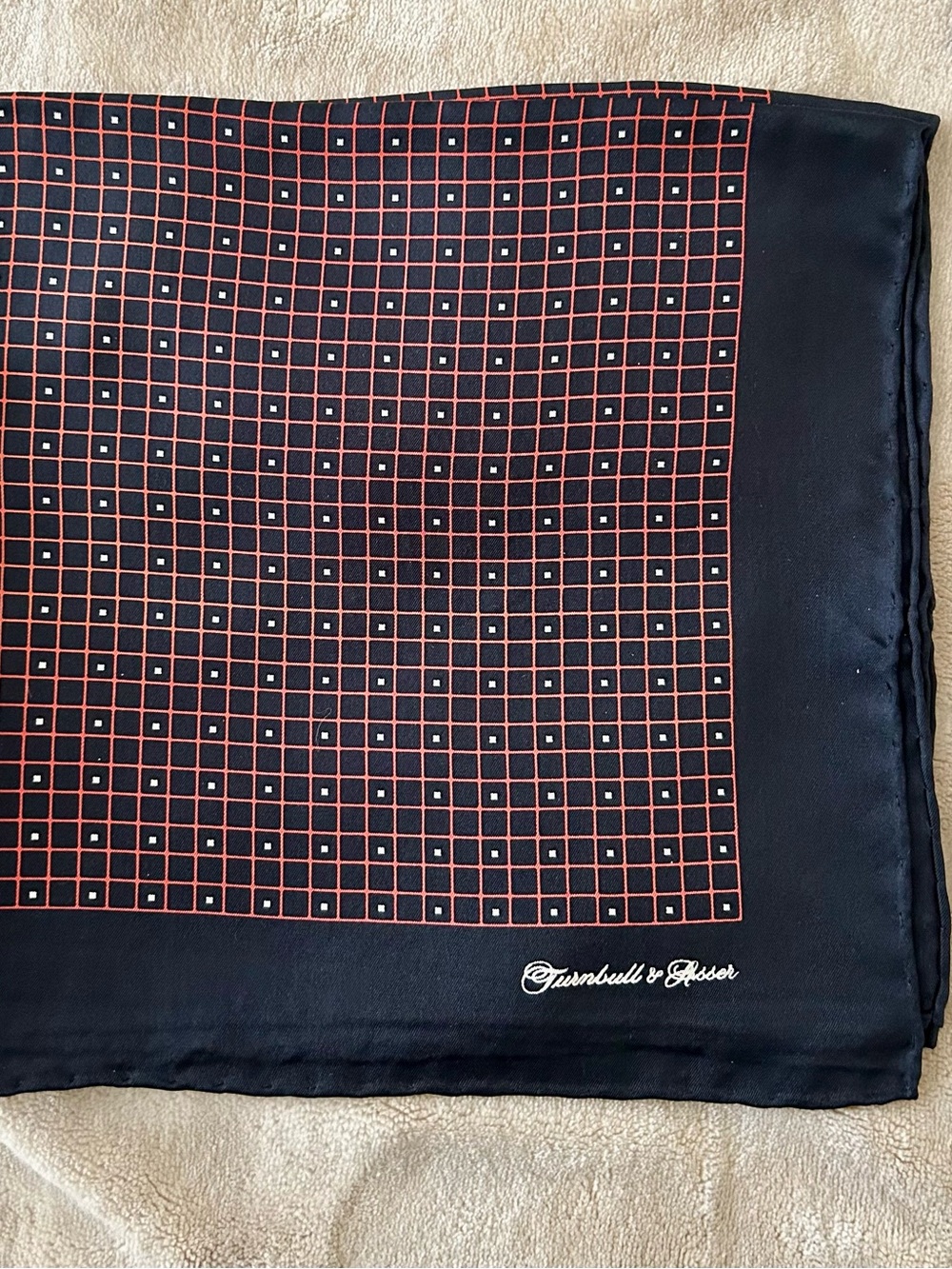 NEW Turnbull & Asser Navy Silk Pocket Square with Red Grid